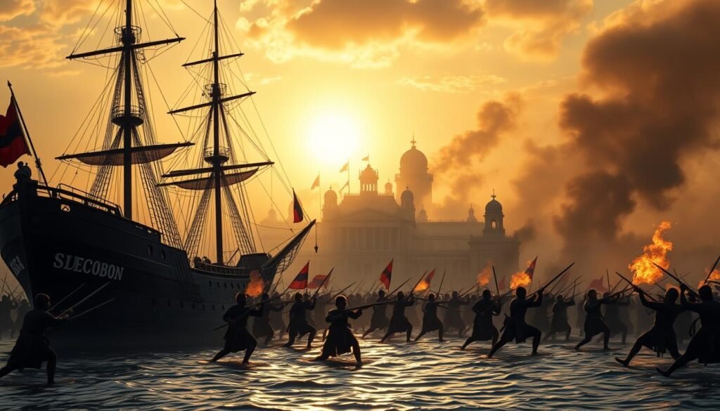A Dutch colonial ship dominates the foreground, its imposing presence casting a shadow over the once-thriving Sultanate of Cirebon. In the middle ground, Javanese warriors engage in a desperate last stand, their traditional weapons clashing against the superior European firearms. The background is shrouded in the hazy smoke of battle, the once-grand palace crumbling in the distance, symbolizing the collapse of Cirebon's once-powerful dynasty. The scene is illuminated by the warm glow of a setting sun, lending an air of melancholy to the historical events unfolding. The overall composition conveys the sense of a pivotal moment in history, where the inexorable march of colonial expansion overpowers the proud local sovereignty.
