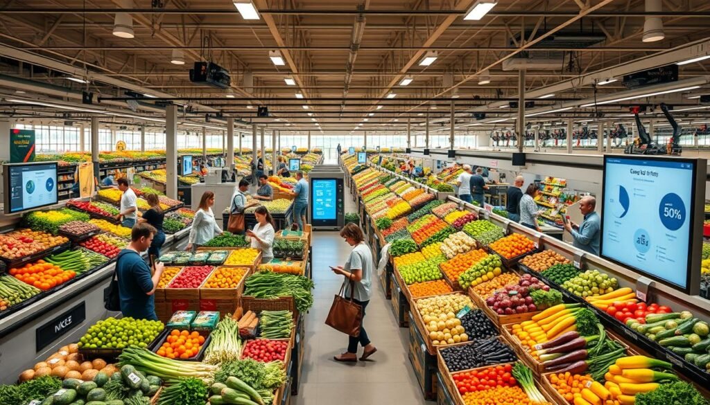 A bustling digital agricultural marketplace, teeming with activity. In the foreground, stalls showcasing an array of fresh produce - vibrant fruits and vegetables, meticulously arranged. Shoppers navigate the aisles, smartphones in hand, scanning QR codes and making transactions seamlessly. In the middle ground, touchscreen kiosks and digital displays showcase real-time pricing, availability, and traceability information. The background is filled with a network of conveyor belts, robotic pickers, and autonomous delivery vehicles, all working in harmony to optimize the supply chain. Soft, diffused lighting casts a warm glow over the scene, creating a sense of efficiency and modernity. The overall atmosphere conveys the seamless integration of technology and agriculture, driving greater productivity and accessibility for all.