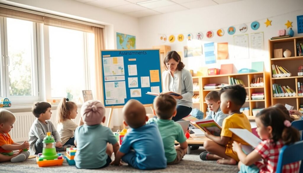 A classroom setting with children engaged in various learning activities, such as playing with educational toys, reading books, and interacting with their teacher. The scene is well-lit, with natural sunlight streaming through large windows, creating a warm and inviting atmosphere. The teacher is observing the children's progress, taking notes and using assessment tools to evaluate their learning. The middle ground features a display board showcasing student work and assessment data, while the background shows colorful educational posters and a bookshelf filled with learning resources. The overall mood is one of active engagement, learning, and a dedication to the holistic development of young children.