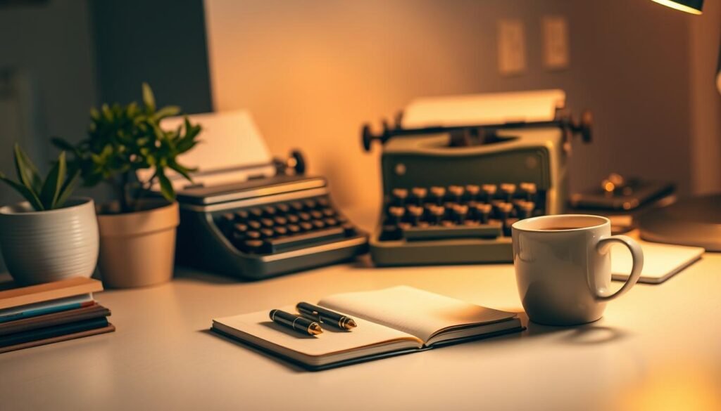 A cozy writer's desk illuminated by warm, directional lighting, with a clean, minimalist aesthetic. On the desk, a pen and notebook beckon, surrounded by carefully curated items that inspire creativity - a potted plant, a vintage typewriter, and a mug of steaming coffee. The background blurs softly, directing the viewer's focus to the inviting work surface, evoking a sense of productivity and inspiration. The mood is one of focus, calm, and the joy of the writing process.