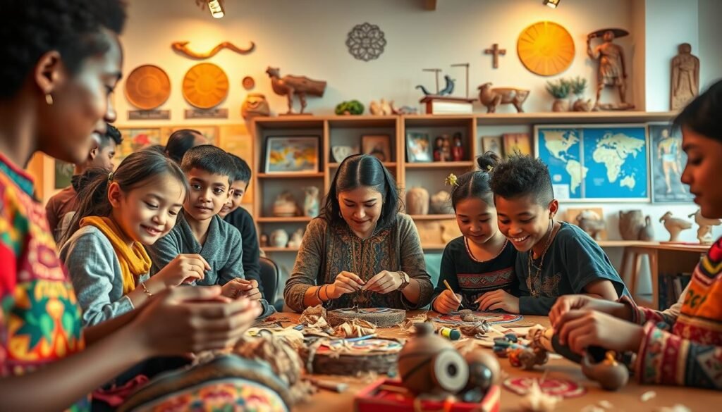 A diverse group of students and educators engaged in vibrant cultural activities within a modern classroom setting. The foreground features students of various ethnicities crafting traditional art pieces, their faces alight with wonder and pride. In the middle ground, a teacher guides a collaborative lesson, blending ancient techniques with contemporary materials. The background showcases educational displays and artifacts that celebrate the rich heritage of the region. Warm, diffused lighting creates a welcoming, inspirational atmosphere, and the composition is balanced, drawing the viewer's eye through the layers of activity. The scene conveys a harmonious integration of cultural education, fostering a deep appreciation for diverse traditions within a progressive learning environment.