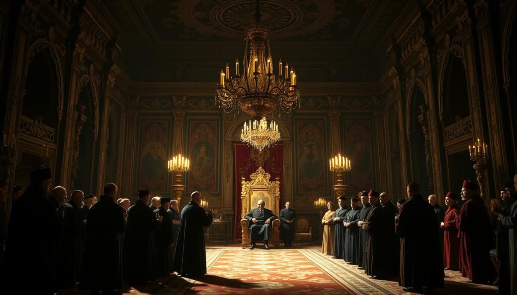 A grand, ornate throne room in a dimly lit palace, with intricate architectural details and ornaments. In the foreground, a group of robed figures engage in a ceremonial process, their gestures and expressions conveying a sense of power and authority. The middle ground features lavish tapestries, chandeliers, and columns, hinting at the grandeur of the sultanate. The background is shrouded in shadows, suggesting the uncertainty and unrest surrounding the transfer of power. The lighting is dramatic, casting deep shadows and highlighting the solemnity of the occasion. The overall atmosphere is one of historical significance and the weight of tradition.