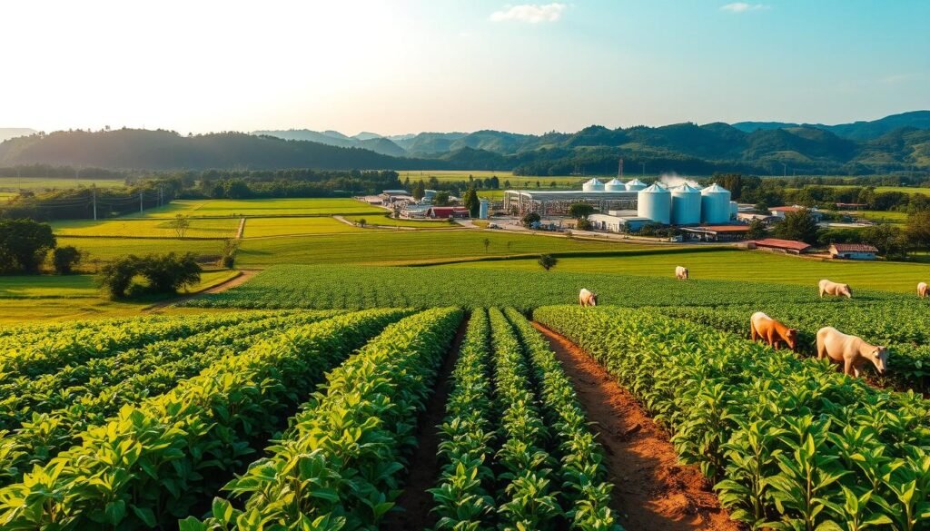 A lush, expansive agricultural landscape showcasing the thriving operations of PT JAPFA Comfeed Indonesia. In the foreground, a diverse array of healthy crops and livestock, meticulously cared for by skilled Edufarmers. The middle ground features modern, state-of-the-art facilities and silos, evoking the company's technological prowess and commitment to sustainable practices. The background is dominated by rolling hills, verdant forests, and a clear, azure sky, conveying a sense of harmony between nature and industry. Warm, golden sunlight bathes the scene, creating a welcoming and prosperous atmosphere. The overall composition highlights JAPFA's role as a leading agri-food company dedicated to nourishing Indonesia's future.
