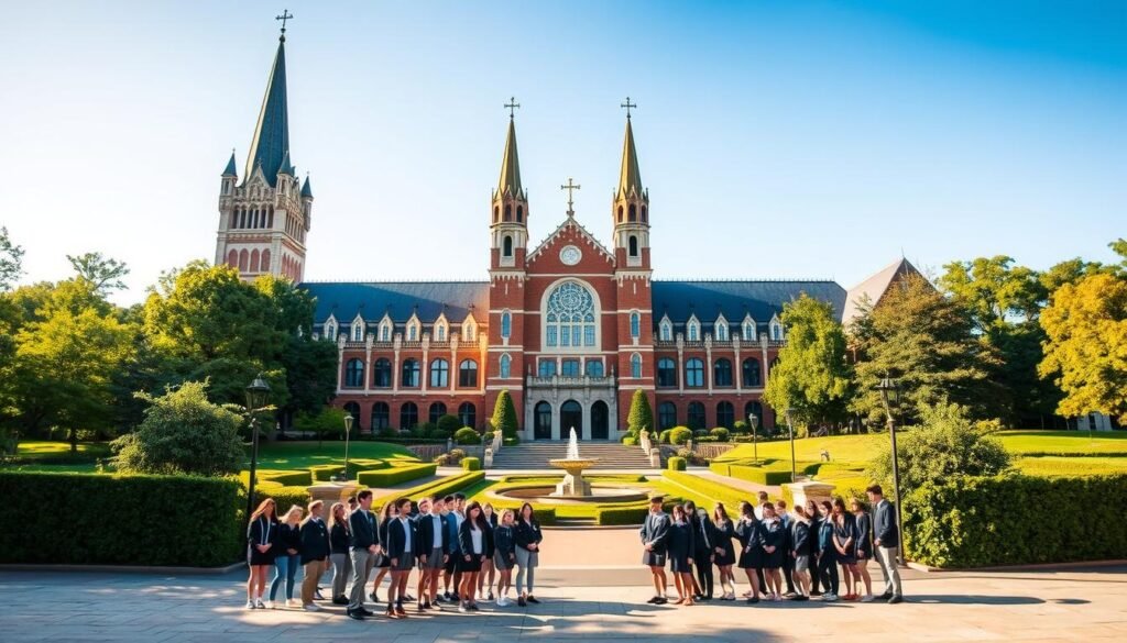 A majestic Catholic school nestled in a verdant landscape, its towering spires and ornate façade bathed in warm, golden light. In the foreground, a group of students in crisp uniforms gather on the steps, their laughter and camaraderie creating a vibrant, welcoming atmosphere. The middle ground reveals a well-maintained courtyard, complete with a central fountain and lush greenery. In the background, a clear blue sky stretches overhead, accentuating the serene, spiritual ambiance of the institution. The scene conveys a sense of tradition, community, and academic excellence, perfectly encapsulating the ethos of a prominent Catholic school.