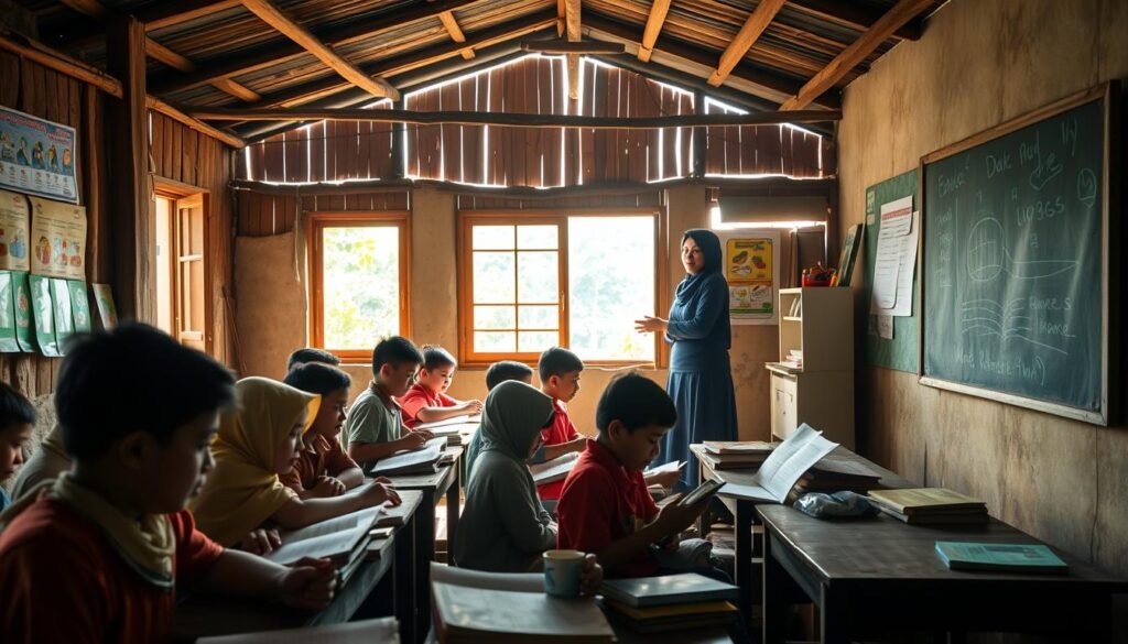 A rural classroom with students engrossed in their books, their faces illuminated by the warm glow of natural light streaming through the windows. In the foreground, a teacher stands beside a chalkboard, guiding them through the lesson with a gentle, nurturing demeanor. The middle ground reveals colorful learning materials and educational posters adorning the walls, while the background showcases the lush, verdant landscape outside, a testament to the vibrant community that supports this educational endeavor. The scene conveys a sense of diligence, curiosity, and the transformative power of knowledge being passed from one generation to the next, embodying the essence of "peningkatan literasi daerah".