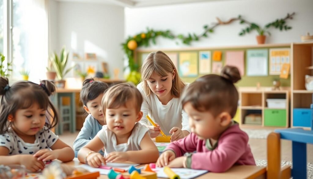 A serene and thoughtful classroom setting, with a holistic focus on the learning and development of young children. In the foreground, a group of preschool students engaged in various creative activities, their expressions reflecting a sense of wonder and joy. The middle ground features a caring teacher guiding and observing their progress, using a blend of hands-on and interactive methods. The background showcases an inviting, well-lit learning environment with colorful educational displays, natural elements, and a sense of warmth and inclusivity. The overall scene conveys a harmonious and nurturing atmosphere, reflecting the principles of holistic evaluation in early childhood education.