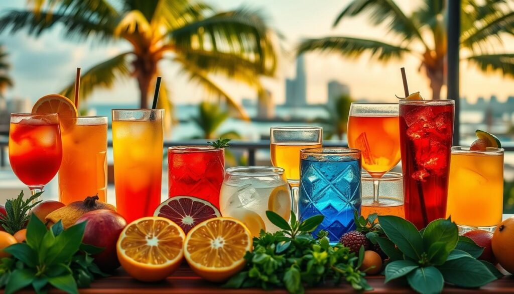 A serene gathering of traditional Miami beverages, captured in a vibrant yet tranquil setting. In the foreground, a selection of local tropical fruits and herbs, artfully arranged to complement the refreshing drinks. The middle ground features a variety of glassware, each containing a distinct hue and texture, reflecting the diversity of the Miami culinary heritage. In the background, a softly-lit scene of lush palm trees and a hint of the city's skyline, evoking the laid-back, coastal ambiance of the region. The overall composition is bathed in warm, golden tones, evoking a sense of timelessness and hospitality. Elegant, inviting, and true to the essence of traditional Miami.