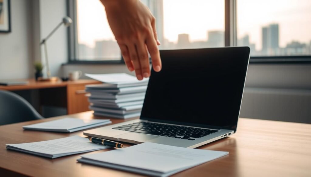 A serene, well-lit office scene with a laptop, pen, and stack of documents on a wooden desk. In the foreground, a hand hovers over a laptop screen, representing the online scholarship application process. The middle ground features neatly organized files and a stylish desk lamp, conveying a sense of professionalism. The background showcases a large window with a cityscape view, creating a tranquil, inspirational atmosphere. The lighting is soft and diffused, with a warm, natural tone. The overall composition is clean, balanced, and inviting, reflecting the orderly and accessible nature of the online scholarship application.