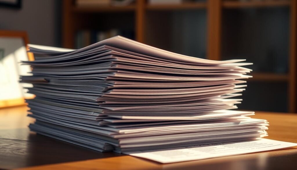 A stack of official documents, including application forms, transcripts, and recommendation letters, neatly arranged on a wooden desk. Soft, warm lighting illuminates the scene, casting a cozy, professional atmosphere. The documents are slightly worn, suggesting their importance and the care taken in their preparation. In the background, a blurred bookshelf or filing cabinet hints at the academic setting. The overall composition conveys the seriousness and attention to detail required for a scholarship application.