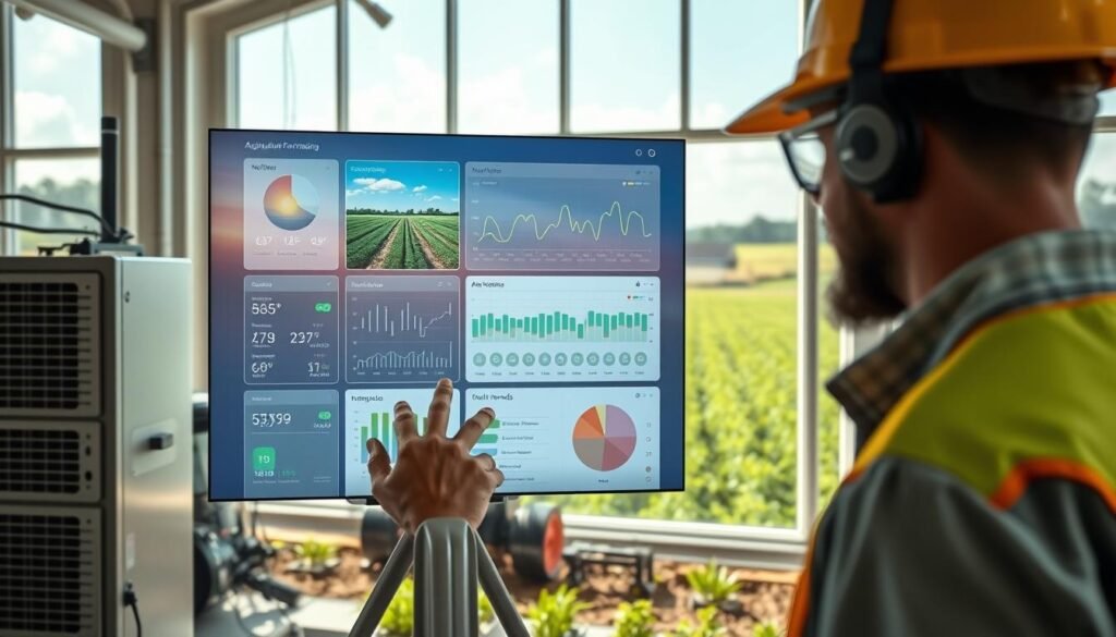 A vibrant, high-resolution photograph of a modern digital farming interface, showcasing a farmer accessing agricultural information on a large touchscreen display. The scene is set in a well-lit, airy workspace, with natural light streaming in through large windows. The interface displays detailed data visualizations, weather forecasts, and market trends, empowering the farmer to make informed decisions. In the foreground, the farmer's hands interact with the screen, while the middle ground features sleek, minimalist hardware and equipment. The background suggests a thriving, technology-driven agricultural landscape, with verdant fields and modern farm structures visible through the windows. The overall mood is one of innovation, efficiency, and a seamless integration of technology into the farmer's workflow.