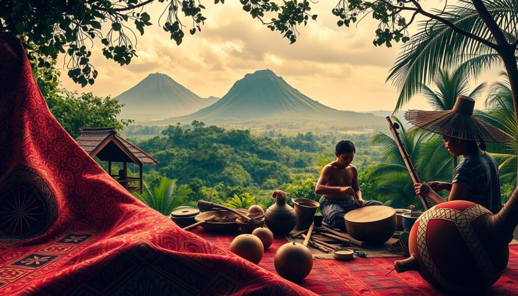 A vibrant scene depicting the intricate interplay between mathematics and Indonesian culture. In the foreground, intricate batik patterns unfold, their geometric designs mirroring the underlying mathematical principles that shape them. In the middle ground, artisans carefully craft traditional Indonesian instruments, each one a symphony of carefully calculated measurements and proportions. The background showcases the lush, verdant landscapes of Indonesia, with towering volcanoes and swaying palm trees, a testament to the natural symmetry that underpins the country's rich cultural heritage. Soft, warm lighting bathes the scene, creating a sense of timeless tradition and enduring wisdom. The overall composition conveys the deep-rooted connection between the universal language of mathematics and the distinctive cultural expressions of Indonesia.