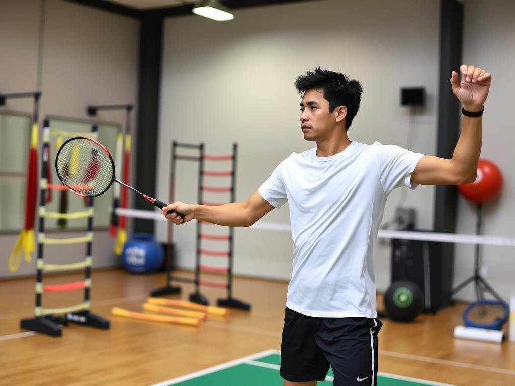 Atlet bulutangkis melakukan circuit training khusus bulutangkis
