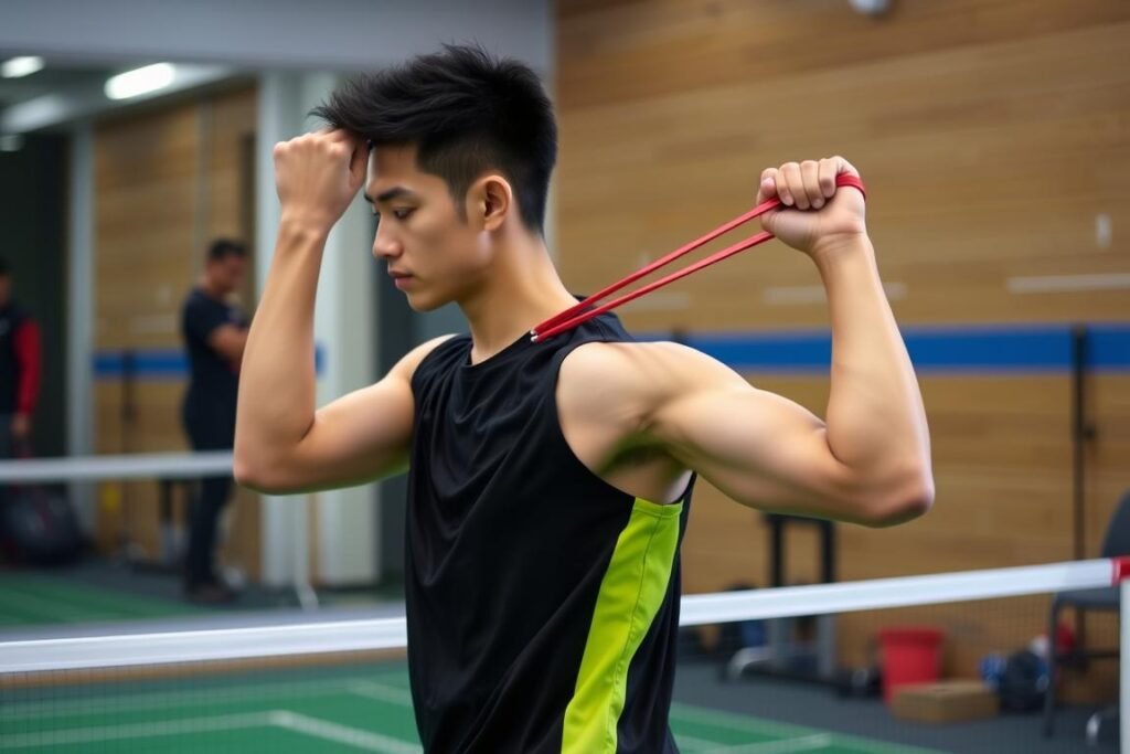 Atlet bulutangkis melakukan latihan kekuatan dengan resistance band