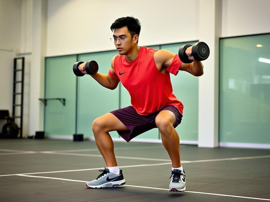 Atlet bulutangkis melakukan squat jump dengan dumbbell