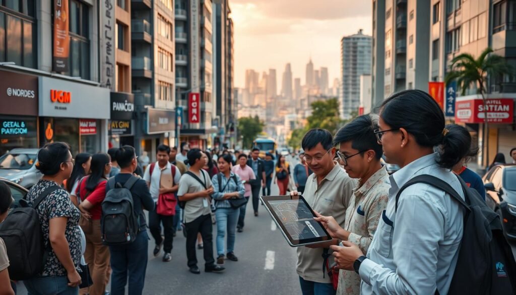 A bustling street scene in a vibrant urban setting, showcasing the innovative road damage detection system developed by UGM. In the foreground, a group of community members engage with interactive displays, learning about the technology's features and benefits. The mid-ground captures researchers and technicians demonstrating the system's capabilities, using a tablet-based interface to analyze road conditions. In the background, a panoramic view of the city skyline, bathed in warm, golden light, underscores the potential for widespread implementation and impact. The overall atmosphere conveys a sense of empowerment, collaboration, and the transformative power of technological advancements for the betterment of local infrastructure and community well-being.