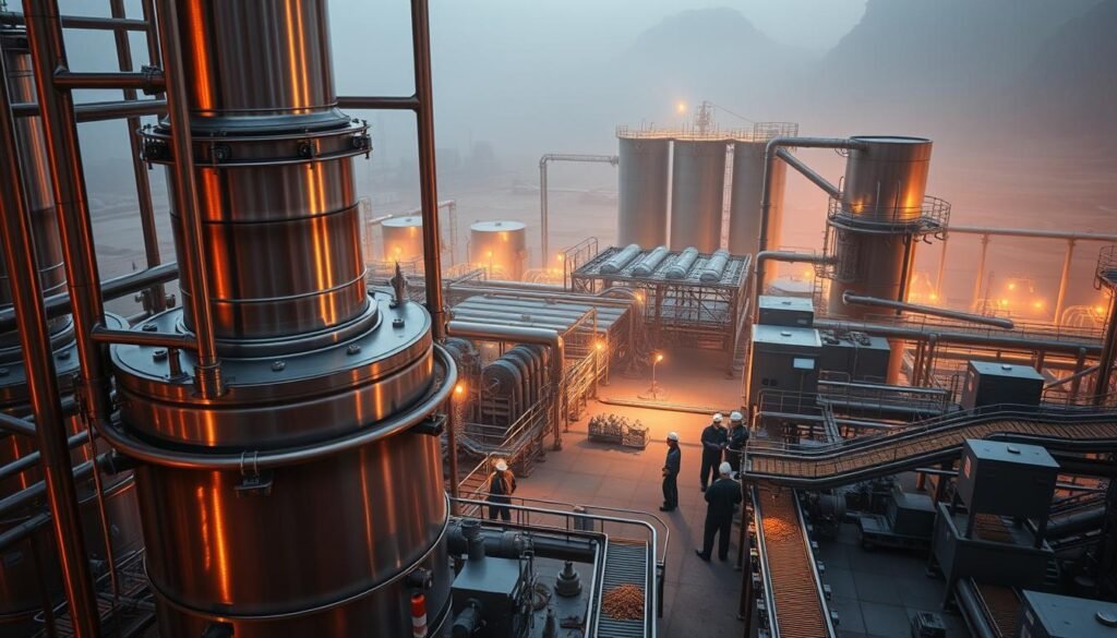 A cutting-edge biomass processing facility, bathed in warm, diffused lighting. In the foreground, a towering steel reactor vessel, its intricate pipes and valves a testament to the technological prowess within. Surrounding it, a network of conveyor belts and sorting mechanisms, efficiently channeling the raw organic feedstock. In the middle ground, a team of technicians in protective gear monitor the process, their faces illuminated by the glow of digital displays. The background fades into a hazy, industrial landscape, with towering storage silos and sleek, futuristic structures hinting at the scale and sophistication of this biomass-to-energy operation.