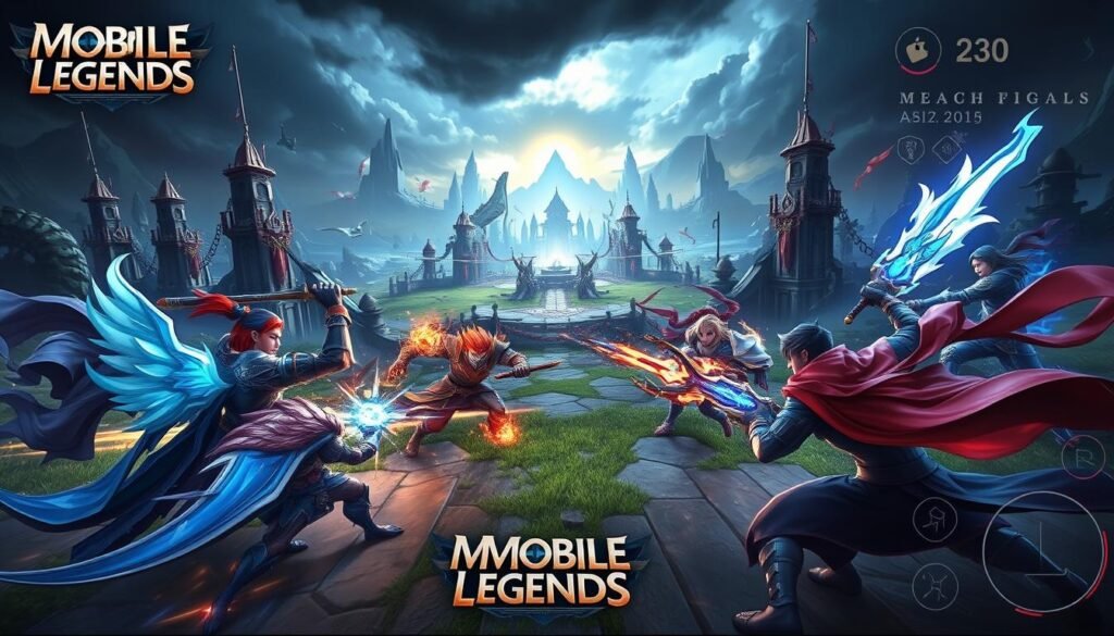 A highly detailed, cinematic scene depicting strategic gameplay in the mobile game Mobile Legends. The foreground shows two teams of colorful, fantastical hero characters engaged in intense combat, their unique abilities and weapons clashing in dramatic fashion. The middle ground features an expansive, richly detailed fantasy landscape with towering structures, lush vegetation, and ominous skies. The background showcases the game's dynamic camera angles, with dramatic lighting and moody atmospheric effects that heighten the sense of epic confrontation. The overall mood is one of high-stakes, edge-of-your-seat strategy and action, reflecting the competitive nature of the game.