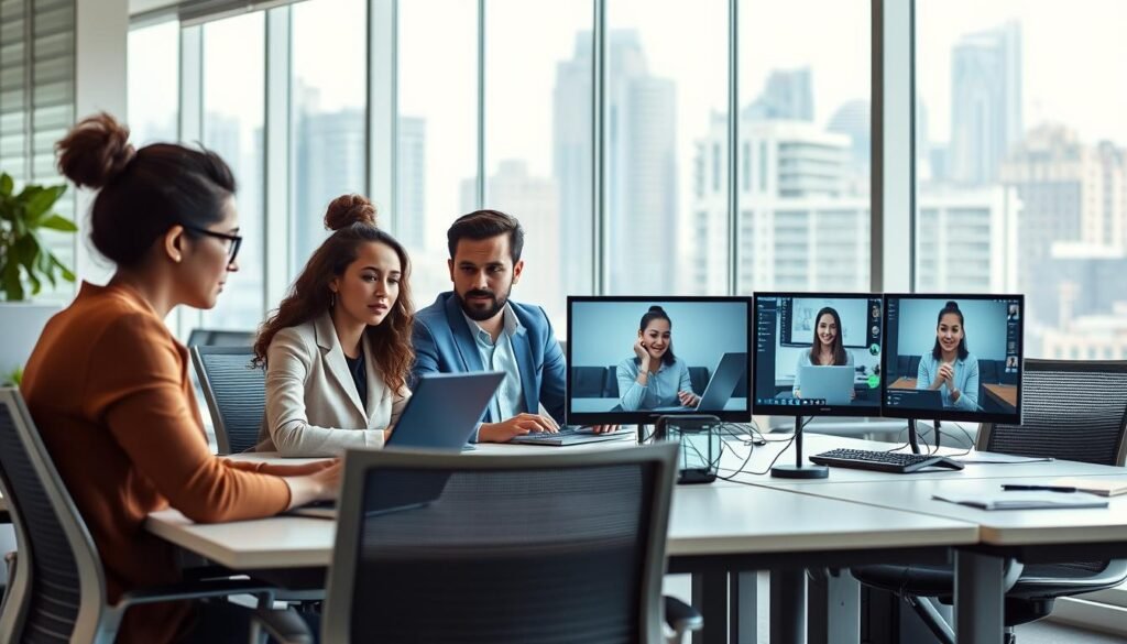 A modern office space with remote workers collaborating via video conference. The foreground features a group of diverse professionals intently focused on their laptop screens, their expressions conveying deep engagement. The middle ground showcases a sleek, minimalist desk setup with ergonomic chairs and clean lines. The background depicts floor-to-ceiling windows overlooking a vibrant cityscape, natural light streaming in and creating a bright, airy atmosphere. The scene evokes a sense of efficiency, connectivity, and the seamless integration of remote work practices within a contemporary, technology-driven work environment.