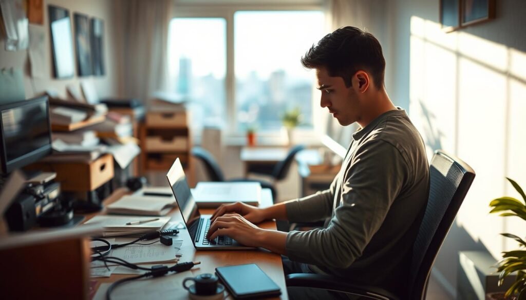 A remote worker sits at a desk, surrounded by a blurred home office. The lighting is warm and natural, casting soft shadows across the scene. In the foreground, the worker appears focused, typing intently on a laptop. In the middle ground, clutter of papers, cables, and office supplies suggest the challenges of maintaining productivity and organization in a remote setting. The background reveals a window, hinting at the distractions and isolation that remote workers often face, with a dreamy, slightly out-of-focus cityscape visible beyond. The overall mood is one of thoughtful concentration tinged with the subtle stress of navigating the unique demands of remote work.