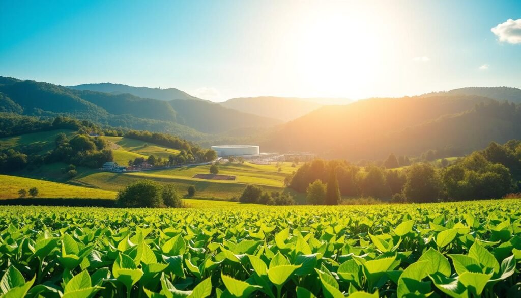 A serene, sun-dappled landscape depicting the harmonious integration of biomass in sustainable development. In the foreground, lush green fields dotted with thriving crops and agricultural biomass. In the middle ground, a modern biomass power plant elegantly blends with the natural surroundings, its sleek design and clean energy production symbolizing progress in harmony with the environment. The background showcases rolling hills, dense forests, and a clear blue sky, conveying the abundant natural resources that biomass harnesses in a sustainable manner. Warm, golden lighting casts a hopeful glow, capturing the optimism of biomass's role in building a greener, more self-sufficient future.