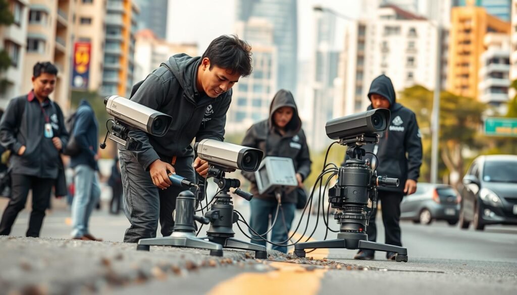 A team of researchers from the Universitas Gadjah Mada (UGM) stand in a bustling urban environment, examining a road surface with an array of sophisticated cameras and sensors. The scene depicts a collaborative effort between UGM and key stakeholders, as they work to develop an innovative solution for detecting road damage. In the foreground, the researchers meticulously collect data, their expressions focused and determined. The middle ground showcases the state-of-the-art equipment, capturing high-resolution images and analyzing the road's structural integrity. In the background, the cityscape provides a vibrant backdrop, hinting at the broader implications of this groundbreaking project. Warm, natural lighting illuminates the scene, conveying a sense of progress and innovation. The overall atmosphere is one of scientific curiosity, technological advancement, and cross-sector partnership.