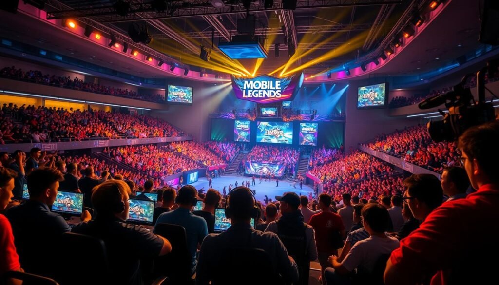 A vibrant esports arena filled with energy, spectators erupting in cheers as players engaged in an intense Mobile Legends tournament. In the foreground, a team of skilled gamers strategizes, their faces illuminated by the glow of their screens. In the middle ground, a large video display showcases the match, providing a captivating visual for the audience. In the background, the arena's grandstand is packed with enthusiastic fans, their excitement palpable. The scene is bathed in a warm, cinematic lighting, creating a sense of drama and anticipation. Overhead, cameras capture the action, ensuring this local Mobile Legends competition is broadcast to a wider audience.