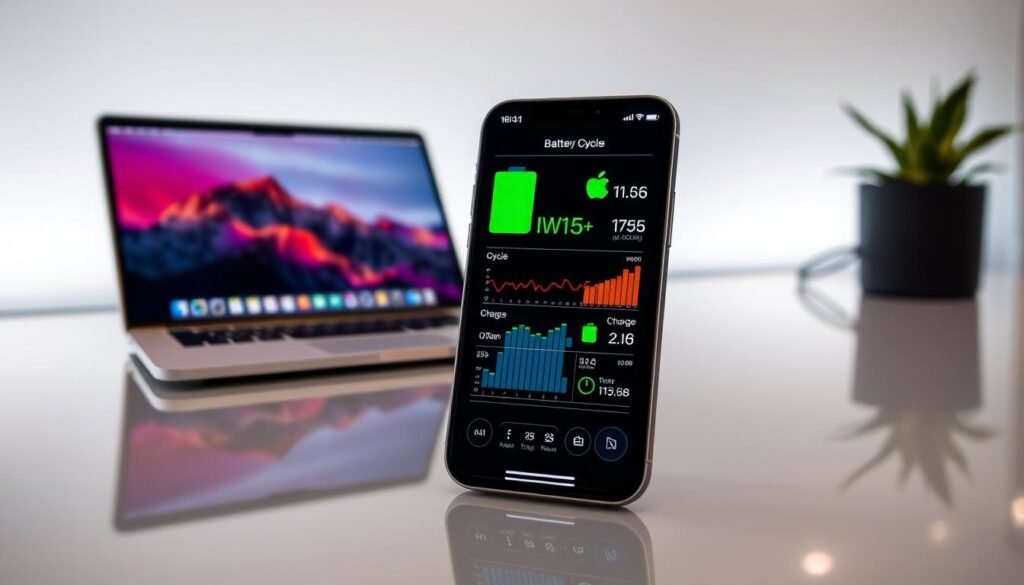 A detailed and visually engaging scene focusing on iPhone battery cycle metrics displayed on a sleek, modern digital interface. In the foreground, a large smartphone screen highlights various graphs and data points related to battery health, such as cycle count, charge capacity, and usage statistics, with vibrant colors like green, blue, and orange for clarity. The middle scene features a blurred MacBook beside the iPhone, hinting at cross-device functionality. The background showcases a minimalist, tech-inspired workspace with soft ambient lighting and a subtle reflection on polished surfaces, evoking a professional atmosphere. The image captures a sense of innovation and knowledge, perfect for understanding battery metrics in depth.