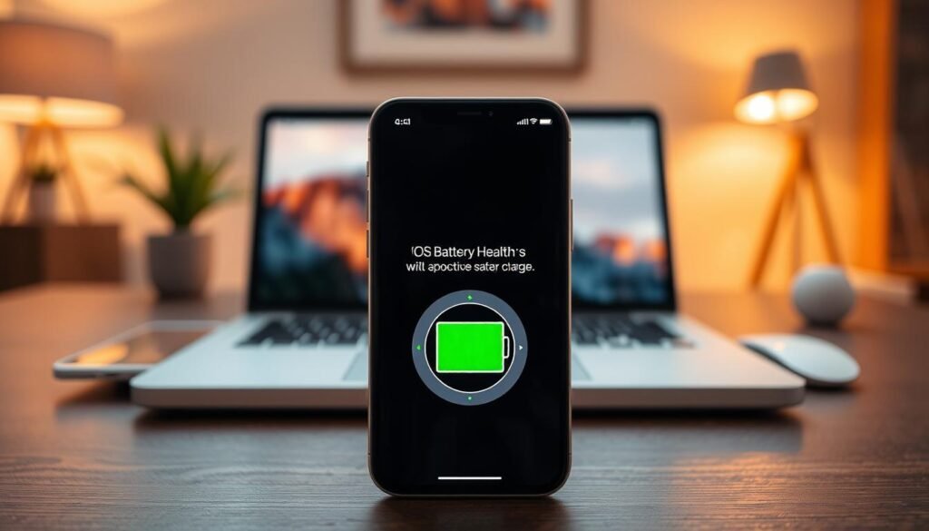 A sleek, modern iPhone displaying the iOS operating system interface with a focus on the Battery Health feature. In the foreground, highlight an animated battery icon with a vibrant green color representing full charge, surrounded by a circular graph indicating battery cycle statistics. The middle layer features a minimalist workspace with a MacBook beside the iPhone, showcasing a seamless integration of Apple devices. In the background, softly blurred outlines of a cozy, contemporary office environment with warm lighting create an inviting atmosphere. The scene should evoke a sense of sophistication and technological advancement, with attention to detail in the device screens and interfaces, capturing the essence of iOS and its battery features.