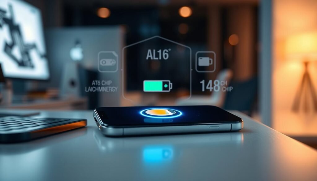 A close-up depiction of the iPhone 15 Plus on a sleek, modern desk, showcasing its battery efficiency features. In the foreground, the iPhone 15 Plus displays a vibrant battery icon with an impressive percentage, illuminated by soft, ambient lighting that highlights its sleek design. In the middle ground, a subtle representation of the device's specifications and battery technology, such as the A16 chip and lithium-ion battery, is illustrated through elegant graphics around the phone. The background features a blurred, tech-inspired setting with hints of a workspace, conveying a professional and innovative atmosphere. The overall mood is one of excitement and high-tech elegance, emphasizing efficiency and modern technology. The angle is slightly tilted to create a dynamic view of the phone, inviting the viewer to focus on the impressive battery performance. A close-up depiction of the iPhone 15 Plus on a sleek, modern desk, showcasing its battery efficiency features. In the foreground, the iPhone 15 Plus displays a vibrant battery icon with an impressive percentage, illuminated by soft, ambient lighting that highlights its sleek design. In the middle ground, a subtle representation of the device's specifications and battery technology, such as the A16 chip and lithium-ion battery, is illustrated through elegant graphics around the phone. The background features a blurred, tech-inspired setting with hints of a workspace, conveying a professional and innovative atmosphere. The overall mood is one of excitement and high-tech elegance, emphasizing efficiency and modern technology. The angle is slightly tilted to create a dynamic view of the phone, inviting the viewer to focus on the impressive battery performance.