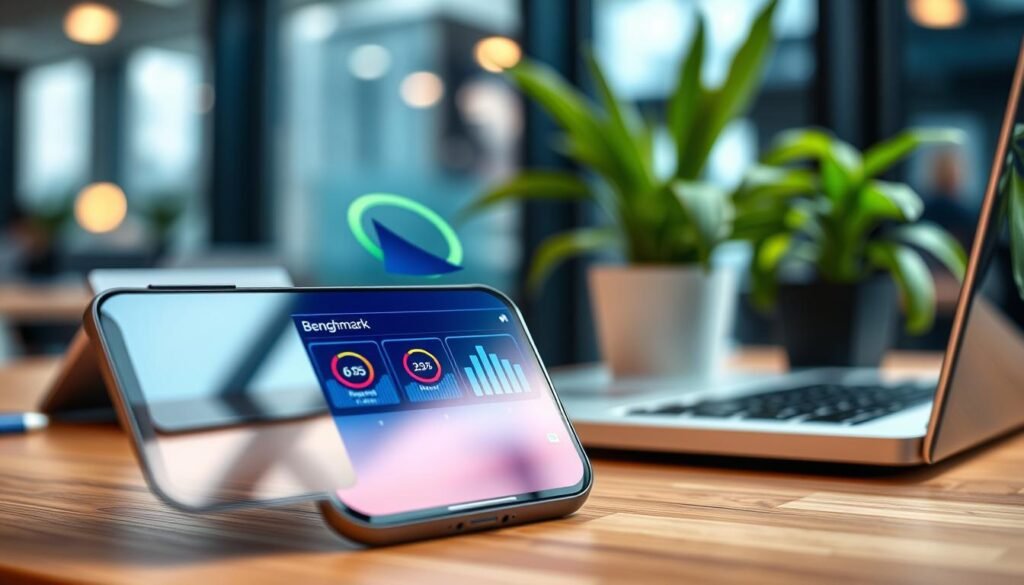 A close-up of a high-tech smartphone featuring a vivid benchmark performance screen displaying scores and graphs. The foreground should showcase the smartphone clearly, its sleek design highlighted by soft, diffused lighting. In the middle, incorporate elements like a digital tablet and a laptop, hinting at a tech-savvy workspace. The background should be a blurred office environment, suggesting a modern tech setting with subtle hints of greenery from plants, adding a touch of calm. Use warm lighting to create an inviting yet focused atmosphere. The angle should be slightly tilted to emphasize the smartphone, giving a dynamic feel to the composition without any text or distracting elements.