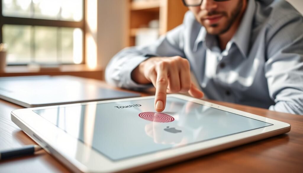 A close-up of an iPad Air displaying the Touch ID setup screen, featuring a well-lit, modern workspace in the background. The iPad sits on a wooden desk with a sleek, minimalist design. Soft natural light streams in from a nearby window, creating a warm and inviting atmosphere. In the foreground, a professional, casually dressed individual with a focused expression gently presses their finger against the iPad's fingerprint sensor, demonstrating the Touch ID feature. The image should capture the details of the iPad screen, highlighting the user interface with a clear view of the fingerprint setup process. Avoid any distractions in the background, ensuring the primary focus is on the iPad and the user's interaction with it. A close-up of an iPad Air displaying the Touch ID setup screen, featuring a well-lit, modern workspace in the background. The iPad sits on a wooden desk with a sleek, minimalist design. Soft natural light streams in from a nearby window, creating a warm and inviting atmosphere. In the foreground, a professional, casually dressed individual with a focused expression gently presses their finger against the iPad's fingerprint sensor, demonstrating the Touch ID feature. The image should capture the details of the iPad screen, highlighting the user interface with a clear view of the fingerprint setup process. Avoid any distractions in the background, ensuring the primary focus is on the iPad and the user's interaction with it.