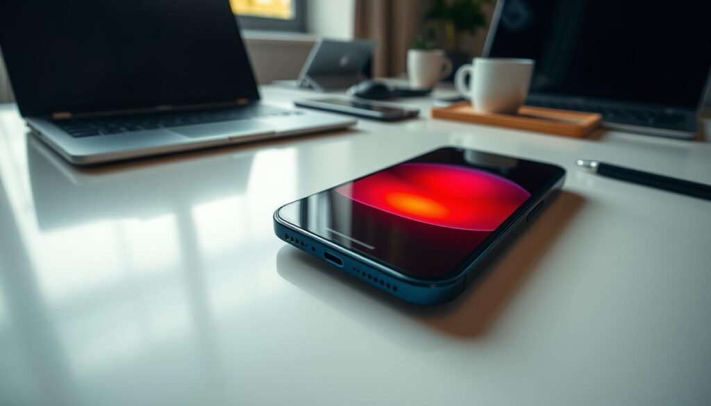 A close-up shot of an iPhone 15 Pro with a visibly hot screen, displaying signs of overheating such as a glowing red hue and heat waves radiating around it. The smartphone is placed on a sleek, modern desk, surrounded by a slightly cluttered workspace that includes a laptop and coffee cup, hinting at a busy environment. In the background, soft natural lighting filters in through a nearby window, adding a warm tone to the scene. The camera angle captures the iPhone from a low perspective, emphasizing the device's sleek design and highlighting the problem. The mood is tense, reflecting the frustration of users encountering overheating issues, while maintaining a professional atmosphere. No people are included in the image, ensuring a focus solely on the iPhone. A close-up shot of an iPhone 15 Pro with a visibly hot screen, displaying signs of overheating such as a glowing red hue and heat waves radiating around it. The smartphone is placed on a sleek, modern desk, surrounded by a slightly cluttered workspace that includes a laptop and coffee cup, hinting at a busy environment. In the background, soft natural lighting filters in through a nearby window, adding a warm tone to the scene. The camera angle captures the iPhone from a low perspective, emphasizing the device's sleek design and highlighting the problem. The mood is tense, reflecting the frustration of users encountering overheating issues, while maintaining a professional atmosphere. No people are included in the image, ensuring a focus solely on the iPhone.