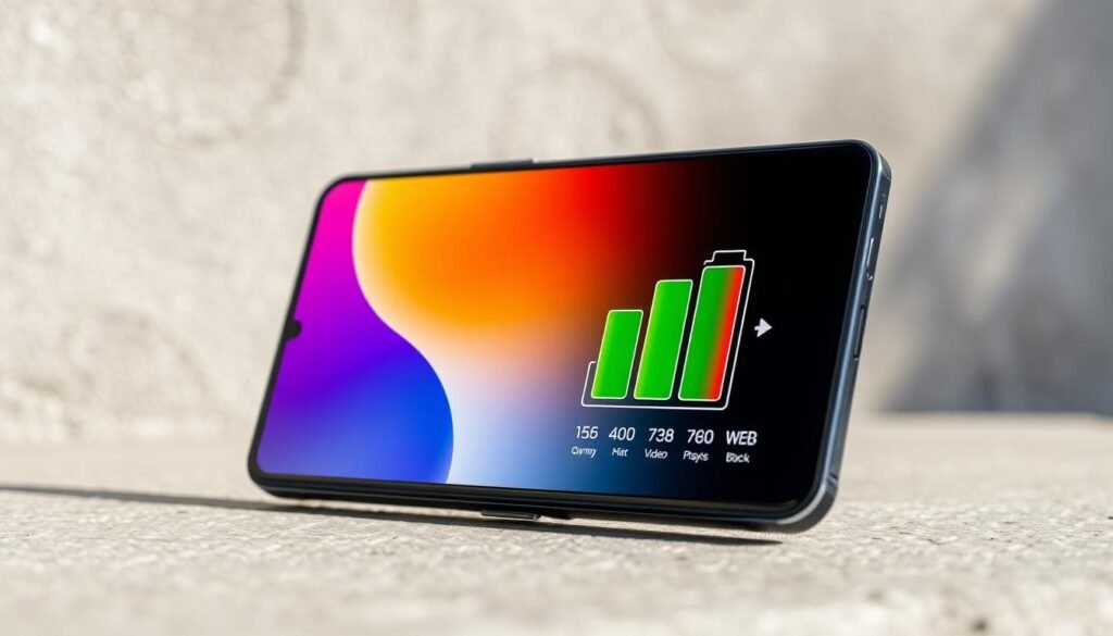 A close-up view of a Samsung Galaxy S24 Plus against a textured, neutral background, showcasing its sleek design and high-resolution screen. The smartphone displays a vivid battery performance graphic, illustrating its impressive longevity in various real-world scenarios, such as gaming, video playback, and web browsing. The foreground features the phone prominently, while a soft-focus gradient in the middle ground creates depth. The lighting is bright and natural, mimicking sunlight, highlighting the phone’s glossy finish and metallic edges. Capturing the essence of modern technology, the atmosphere is energetic yet informative, subtly conveying reliability and innovation, ideal for a professional article on battery efficiency. A close-up view of a Samsung Galaxy S24 Plus against a textured, neutral background, showcasing its sleek design and high-resolution screen. The smartphone displays a vivid battery performance graphic, illustrating its impressive longevity in various real-world scenarios, such as gaming, video playback, and web browsing. The foreground features the phone prominently, while a soft-focus gradient in the middle ground creates depth. The lighting is bright and natural, mimicking sunlight, highlighting the phone’s glossy finish and metallic edges. Capturing the essence of modern technology, the atmosphere is energetic yet informative, subtly conveying reliability and innovation, ideal for a professional article on battery efficiency.
