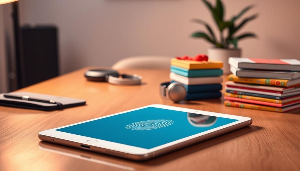 A contemporary digital workspace with a focus on an iPad Air displaying the Touch ID feature. In the foreground, the iPad is placed on a polished wooden desk, showcasing its sleek design and the fingerprint recognition icon highlighted on the screen. Surrounding it are various purchases like a stylish case, headphones, and a stack of colorful items symbolizing online shopping. In the middle ground, soft-focused lighting creates a warm atmosphere, hinting at a cozy home office setting. The background features a wall with minimalist decor and a subtle plant, adding a touch of freshness. The image conveys a sense of modern convenience and security in digital transactions, with a calm, professional mood. A contemporary digital workspace with a focus on an iPad Air displaying the Touch ID feature. In the foreground, the iPad is placed on a polished wooden desk, showcasing its sleek design and the fingerprint recognition icon highlighted on the screen. Surrounding it are various purchases like a stylish case, headphones, and a stack of colorful items symbolizing online shopping. In the middle ground, soft-focused lighting creates a warm atmosphere, hinting at a cozy home office setting. The background features a wall with minimalist decor and a subtle plant, adding a touch of freshness. The image conveys a sense of modern convenience and security in digital transactions, with a calm, professional mood.