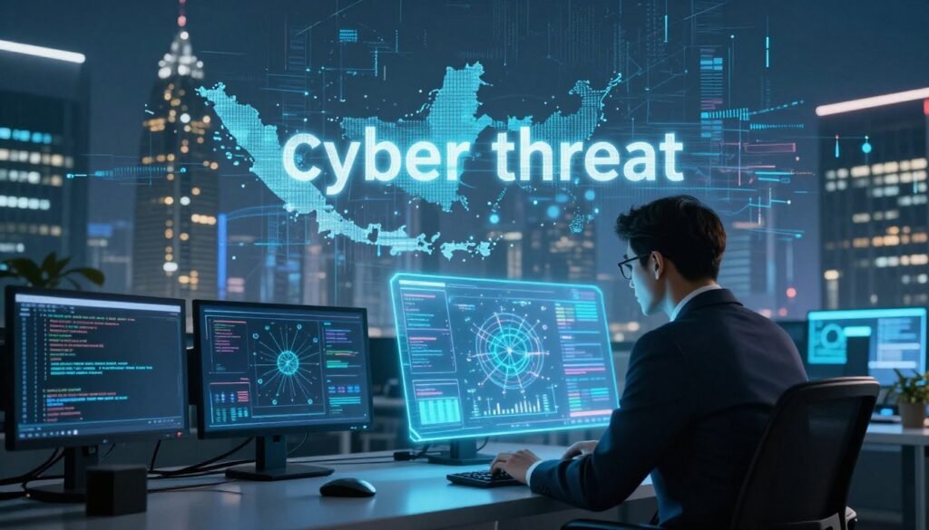 A dynamic and visually striking representation of a "cyber threat" in the context of Indonesia, featuring a digitally rendered landscape. In the foreground, a professional in business attire examines a holographic display showcasing various cyber threat data visualizations. The middle ground depicts a modern office environment with high-tech equipment and screens displaying code and network maps, symbolizing the threats faced by companies. In the background, urban skyscrapers are partially obscured by swirling digital data streams that represent the virtual nature of cyber threats. The lighting is dramatic, with glowing elements that suggest urgency, creating a tense atmosphere. The overall mood is one of vigilance and readiness, emphasizing the importance of cybersecurity. A dynamic and visually striking representation of a "cyber threat" in the context of Indonesia, featuring a digitally rendered landscape. In the foreground, a professional in business attire examines a holographic display showcasing various cyber threat data visualizations. The middle ground depicts a modern office environment with high-tech equipment and screens displaying code and network maps, symbolizing the threats faced by companies. In the background, urban skyscrapers are partially obscured by swirling digital data streams that represent the virtual nature of cyber threats. The lighting is dramatic, with glowing elements that suggest urgency, creating a tense atmosphere. The overall mood is one of vigilance and readiness, emphasizing the importance of cybersecurity.