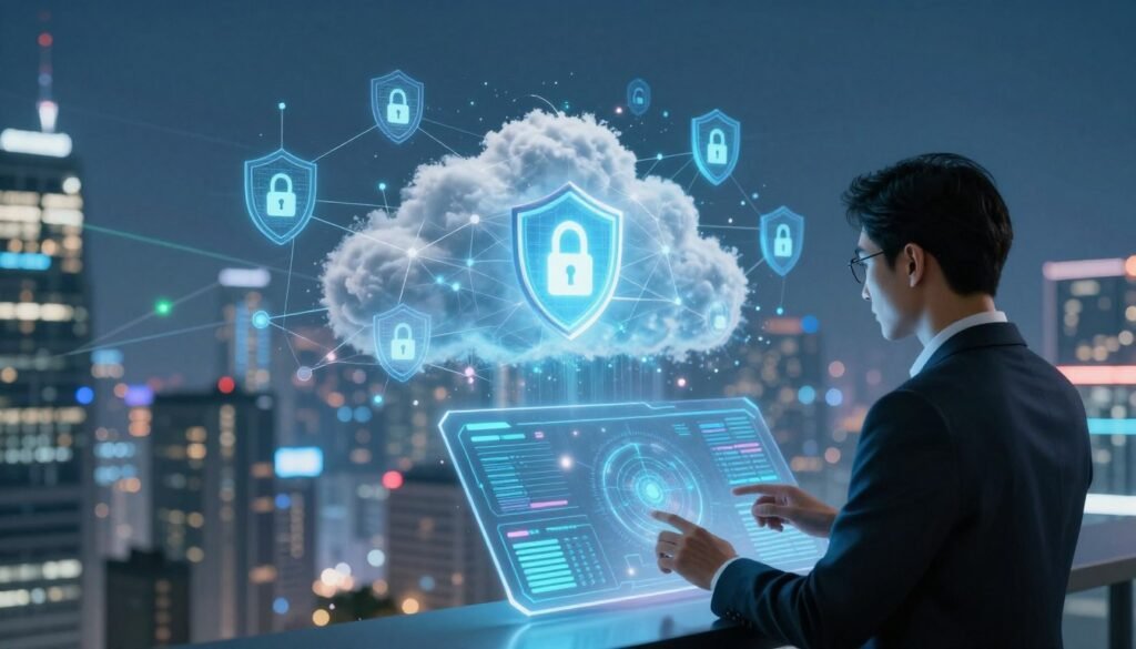 A futuristic scene illustrating cloud data security, focused on the concept of AI-enhanced cybersecurity. In the foreground, a sleek, transparent holographic interface displaying various data streams and security analytics, with a professional individual in business attire analyzing the data. The middle ground features a stylized cloud network, surrounded by glowing digital locks and shields, symbolizing protection. The background shows a vibrant city skyline with interconnected data lines, representing advanced technology and innovation. Soft blue and green lighting creates a high-tech mood, emphasizing trust and efficiency. The perspective is slightly low-angle, showcasing the grandeur of the digital landscape while maintaining a professional atmosphere. No text or logos. A futuristic scene illustrating cloud data security, focused on the concept of AI-enhanced cybersecurity. In the foreground, a sleek, transparent holographic interface displaying various data streams and security analytics, with a professional individual in business attire analyzing the data. The middle ground features a stylized cloud network, surrounded by glowing digital locks and shields, symbolizing protection. The background shows a vibrant city skyline with interconnected data lines, representing advanced technology and innovation. Soft blue and green lighting creates a high-tech mood, emphasizing trust and efficiency. The perspective is slightly low-angle, showcasing the grandeur of the digital landscape while maintaining a professional atmosphere. No text or logos.