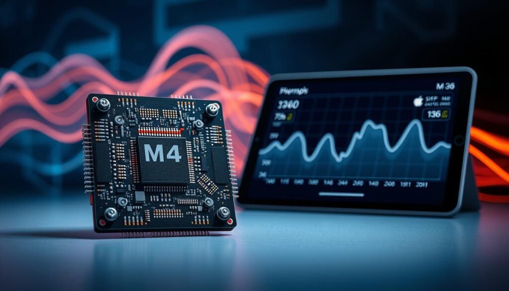 A high-tech, visually striking representation of an Apple M4 chip experiencing thermal throttling. In the foreground, a detailed close-up of the M4 chip, highlighting its intricate circuitry and components, with thermal sensors indicating temperature changes. The middle ground features a sleek iPad Pro displaying a performance graph showing fluctuating performance metrics, symbolizing peaks and troughs of power under load. The background reveals a dynamic heatwave effect, visually representing heat dissipation, with a cool blue color palette transitioning to warm orange tones. The lighting is dramatic, with focused illumination on the chip and iPad, casting soft shadows that enhance the technical ambiance. The overall mood is intense and futuristic, embodying the challenge of thermal management in cutting-edge technology.