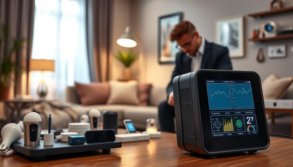 A modern cybersecurity tool for scanning IoT devices, prominently placed in the foreground. The device is sleek and high-tech, with a glowing screen displaying security analytics and vulnerability reports. In the middle ground, a user in smart casual clothing is focused on using the tool, surrounded by various smart home gadgets such as smart bulbs, cameras, and thermostats, all interconnected. The background features a cozy living room setting, softly illuminated by ambient light, conveying a sense of security and vigilance. The overall atmosphere is professional yet approachable, highlighting the importance of home security in an evolving digital landscape. The image is captured with a sharp focus, using a slight depth of field to emphasize the tool in the foreground while keeping the background slightly blurred.