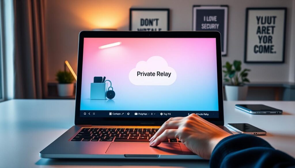 A modern digital workspace setting showcasing a sleek laptop displaying the iCloud+ interface, focused on the Private Relay feature. The foreground features the laptop with a vibrant display, a pair of professional business attire-clad hands on the keyboard, symbolizing privacy and tech-savviness. In the middle, an ambient desk setup includes a minimalist desk organizer and a smartphone, both representing digital security. In the background, a softly lit room with a potted plant and a motivational poster ensures a motivational atmosphere, enhancing the feeling of confidentiality and privacy. The lighting is warm and inviting, with a slight focus on the screen that highlights the Private Relay feature. The overall mood is secure, professional, and modern, evoking trust in digital privacy. A modern digital workspace setting showcasing a sleek laptop displaying the iCloud+ interface, focused on the Private Relay feature. The foreground features the laptop with a vibrant display, a pair of professional business attire-clad hands on the keyboard, symbolizing privacy and tech-savviness. In the middle, an ambient desk setup includes a minimalist desk organizer and a smartphone, both representing digital security. In the background, a softly lit room with a potted plant and a motivational poster ensures a motivational atmosphere, enhancing the feeling of confidentiality and privacy. The lighting is warm and inviting, with a slight focus on the screen that highlights the Private Relay feature. The overall mood is secure, professional, and modern, evoking trust in digital privacy.