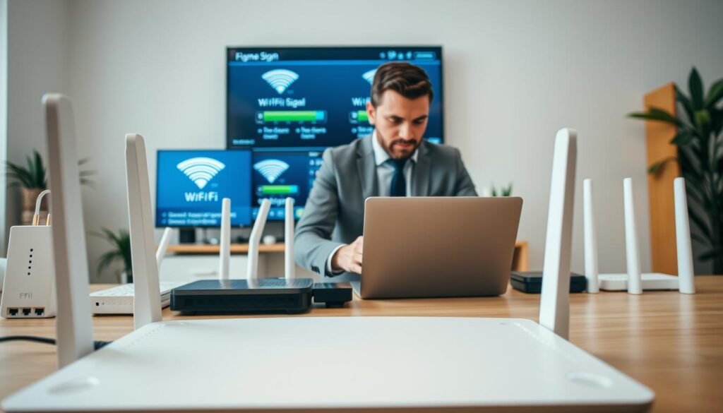 A modern home office setup with an emphasis on optimizing Wi-Fi networks. In the foreground, a sleek, high-tech router is displayed prominently, its LED lights glowing softly. In the middle, a professional wearing a smart casual outfit is attentively adjusting network settings on a laptop, surrounded by various network devices such as extenders and switches. The background features a well-lit room with Wi-Fi signal bars displayed on a wall-mounted screen, showing improvements in connectivity. The atmosphere is bright and focused, conveying a sense of innovation and efficiency. Soft, natural lighting illuminates the space, highlighting the advanced technology and the person's engagement in enhancing their home network.