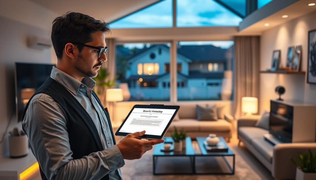 A modern smart home interior showcasing various Internet of Things (IoT) devices like smart speakers, security cameras, and connected appliances. In the foreground, a concerned individual in professional attire is examining a tablet displaying a security vulnerability alert. In the middle, a stylish living room with sleek furniture and a warm ambiance is illuminated by soft, ambient lighting, highlighting the electronic devices. The background should show a window with a view of a suburban neighborhood at dusk, adding a sense of vulnerability. The overall atmosphere conveys urgency and caution about the security threats facing connected devices, capturing the essence of modern technology risks in a domestic setting.