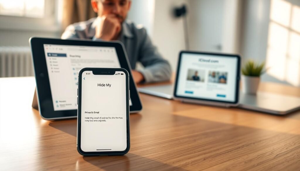A serene, modern workspace showcasing an iPhone, iPad, and Mac on a sleek wooden desk. In the foreground, focus on the iPhone displaying the "Hide My Email" feature, with a blurred email list behind it, symbolizing privacy and security. The iPad shows a soft, glowing interface, while the Mac displays a minimalist iCloud.com page faintly in the background. Use warm, natural lighting pouring through a nearby window, creating a calm, inviting atmosphere. The scene should have a depth of field effect, featuring a professional person in modest casual clothing thoughtfully engaging with the devices, embodying organization and modern technology. The overall mood is one of efficiency and discretion, emphasizing the innovative features of iCloud+. A serene, modern workspace showcasing an iPhone, iPad, and Mac on a sleek wooden desk. In the foreground, focus on the iPhone displaying the "Hide My Email" feature, with a blurred email list behind it, symbolizing privacy and security. The iPad shows a soft, glowing interface, while the Mac displays a minimalist iCloud.com page faintly in the background. Use warm, natural lighting pouring through a nearby window, creating a calm, inviting atmosphere. The scene should have a depth of field effect, featuring a professional person in modest casual clothing thoughtfully engaging with the devices, embodying organization and modern technology. The overall mood is one of efficiency and discretion, emphasizing the innovative features of iCloud+.