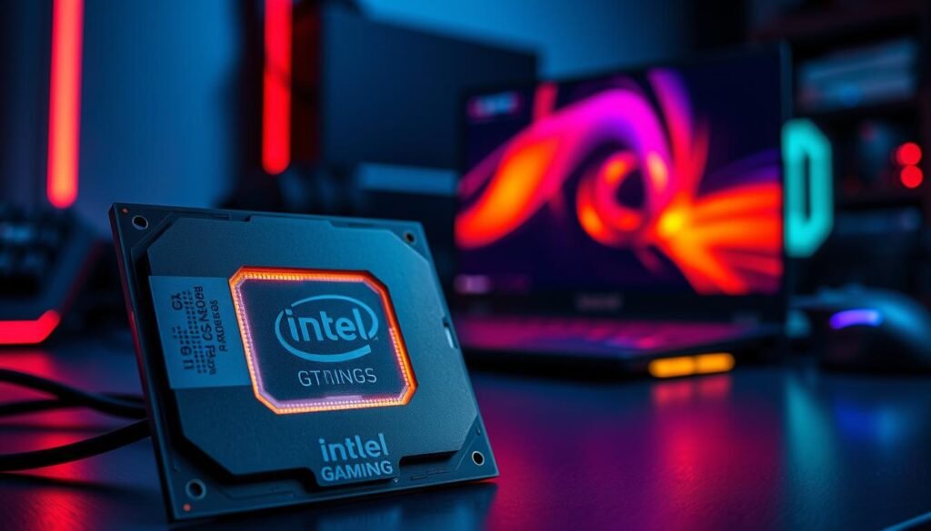 A sleek and powerful Intel gaming processor, designed for high-performance gaming laptops, dominates the foreground of the image. The processor showcases its intricate architecture, featuring illuminated cut-outs that reveal the advanced technology within. In the middle ground, a dimly lit gaming laptop is partially opened, with a vivid display glowing in vibrant colors, suggesting intense gaming action. The background is softly blurred with several gaming peripherals like a keyboard and mouse, subtly illuminated by dynamic RGB lighting, creating a tech-savvy atmosphere. The overall lighting is cool and high-contrast, emphasizing the metallic textures of the processor and the laptop, evoking a sense of excitement and innovation in gaming performance. Capture this scene from a slightly elevated angle, giving a dramatic perspective on the gaming processor's significance. A sleek and powerful Intel gaming processor, designed for high-performance gaming laptops, dominates the foreground of the image. The processor showcases its intricate architecture, featuring illuminated cut-outs that reveal the advanced technology within. In the middle ground, a dimly lit gaming laptop is partially opened, with a vivid display glowing in vibrant colors, suggesting intense gaming action. The background is softly blurred with several gaming peripherals like a keyboard and mouse, subtly illuminated by dynamic RGB lighting, creating a tech-savvy atmosphere. The overall lighting is cool and high-contrast, emphasizing the metallic textures of the processor and the laptop, evoking a sense of excitement and innovation in gaming performance. Capture this scene from a slightly elevated angle, giving a dramatic perspective on the gaming processor's significance.