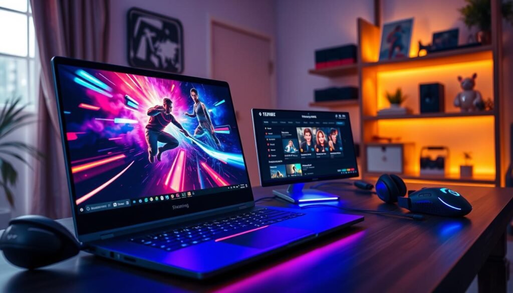 A sleek gaming laptop on a stylish desk, displaying vibrant streaming graphics of a dynamic gaming scene. In the foreground, the laptop screen glows with sharp colors and motion effects, emphasizing multimedia capabilities. Next to it, a USB-C display shows a detailed interface of a streaming platform, surrounded by gaming accessories like headphones and a gaming mouse. The middle ground features a soft-focus room with ambient lighting, creating a cozy but energetic atmosphere. The background includes a shelf with collectibles related to gaming and multimedia, accentuated by warm, dim lights. The scene captures an immersive streaming experience, inviting viewers into a world of entertainment and technology. A sleek gaming laptop on a stylish desk, displaying vibrant streaming graphics of a dynamic gaming scene. In the foreground, the laptop screen glows with sharp colors and motion effects, emphasizing multimedia capabilities. Next to it, a USB-C display shows a detailed interface of a streaming platform, surrounded by gaming accessories like headphones and a gaming mouse. The middle ground features a soft-focus room with ambient lighting, creating a cozy but energetic atmosphere. The background includes a shelf with collectibles related to gaming and multimedia, accentuated by warm, dim lights. The scene captures an immersive streaming experience, inviting viewers into a world of entertainment and technology.