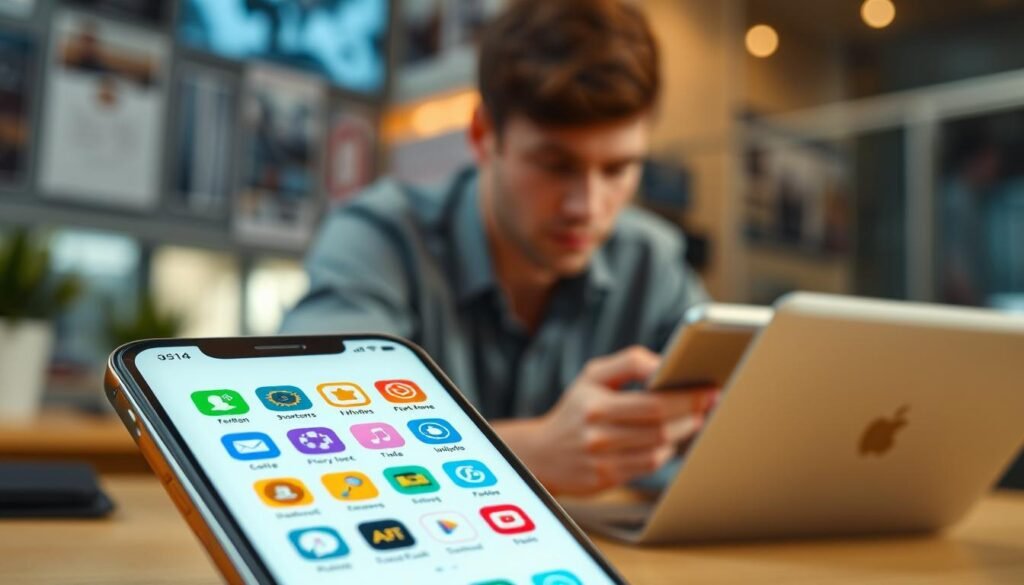A sleek, modern representation of the Shortcuts app interface on an iPhone, placed prominently in the foreground. The screen showcases a variety of colorful shortcut icons, blending creativity and functionality, illustrating different actions one might take to enhance gaming experiences on iOS. In the middle ground, a subtle hint of a person with short hair wearing a casual, professional outfit, focusing intently on the phone, embodies a sense of curiosity and strategic thinking. The background features a blurred, tech-inspired workspace, emphasizing innovation and subtlety. Soft, ambient lighting casts a warm glow, creating an inviting and focused atmosphere. The composition is shot at a slight angle, adding depth while maintaining clarity on the Shortcuts app.