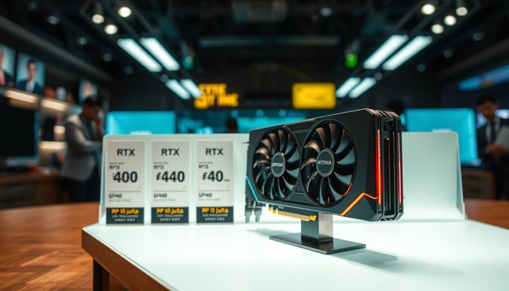 A striking scene depicting a high-end graphics card, the RTX 5090, placed on a sleek, modern display stand under focused, dramatic lighting. In the foreground, a close-up of the graphics card showcases its futuristic design and glowing LED accents, emphasizing its premium features. In the middle ground, a row of price tags showing escalating prices, with the highest tag reading "Rp 40 juta," hints at the drastic price increase due to limited stock. The background features a blurred computer shop interior, suggesting urgency and consumer demand, with outlines of people in professional business attire looking at the graphics card, creating a competitive atmosphere. The overall mood is tense and electric, encapsulating the excitement and anxiety surrounding the sudden price surge. A striking scene depicting a high-end graphics card, the RTX 5090, placed on a sleek, modern display stand under focused, dramatic lighting. In the foreground, a close-up of the graphics card showcases its futuristic design and glowing LED accents, emphasizing its premium features. In the middle ground, a row of price tags showing escalating prices, with the highest tag reading "Rp 40 juta," hints at the drastic price increase due to limited stock. The background features a blurred computer shop interior, suggesting urgency and consumer demand, with outlines of people in professional business attire looking at the graphics card, creating a competitive atmosphere. The overall mood is tense and electric, encapsulating the excitement and anxiety surrounding the sudden price surge.