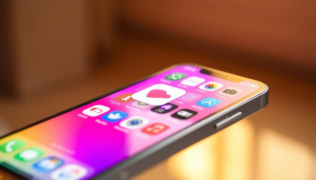 A vibrant iPhone home screen set against a soft-focus background, showcasing a sleek, modern design. The foreground features custom app icons reflecting the Shortcuts app, including vibrant colors and clean lines. Prominently display a new Action Button icon alongside the app shortcuts, symbolizing the theme of customization. In the middle ground, subtle hints of a game overlay are artistically integrated, suggesting a hidden hacking feature, but with an overall clean and minimalist look. The background is softly blurred to emphasize the home screen while maintaining a bright and inviting atmosphere, illuminated with warm, natural lighting, evoking a sense of innovation and creativity. The scene is framed at an angle that highlights the phone’s sleek profile, creating an engaging visual experience.