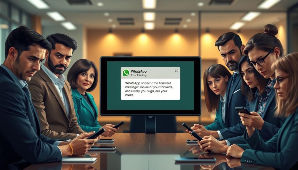 A visually captivating illustration depicting the impact of WhatsApp's restriction on the forward message feature. In the foreground, a diverse group of professional adults, dressed in smart business attire, are gathered around a conference table looking concerned, with smartphones in hand. They represent different backgrounds, showcasing a modern, collaborative atmosphere. In the middle ground, a digital screen displays a notification about the upcoming changes to WhatsApp, with subtle icons of crossed-out forward arrows. The background features a blurred office environment with soft, warm lighting, creating a serious yet contemplative mood. The scene captures a mix of anxiety and determination, emphasizing the implications of communication limitations. The image should be well-composed with a slight depth of field effect, focusing on the faces of the individuals while softening the office details behind them. A visually captivating illustration depicting the impact of WhatsApp's restriction on the forward message feature. In the foreground, a diverse group of professional adults, dressed in smart business attire, are gathered around a conference table looking concerned, with smartphones in hand. They represent different backgrounds, showcasing a modern, collaborative atmosphere. In the middle ground, a digital screen displays a notification about the upcoming changes to WhatsApp, with subtle icons of crossed-out forward arrows. The background features a blurred office environment with soft, warm lighting, creating a serious yet contemplative mood. The scene captures a mix of anxiety and determination, emphasizing the implications of communication limitations. The image should be well-composed with a slight depth of field effect, focusing on the faces of the individuals while softening the office details behind them.