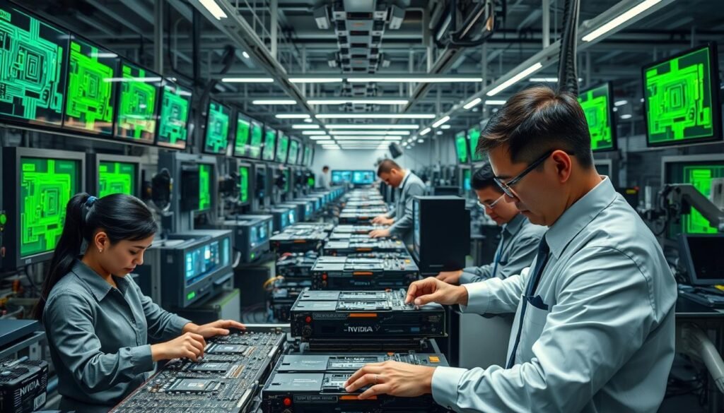 An intricate factory scene depicting the production process of Nvidia chips. In the foreground, skilled technicians in professional business attire are focused on assembling GPUs, showcasing precision and efficiency. The middle ground features rows of advanced machinery and robotic arms, executing the manufacturing tasks with finesse, set against a backdrop of glowing screens displaying circuit designs. Soft yet bright lighting illuminates the workspace, enhancing the high-tech atmosphere, with reflections of green and blue hues symbolizing Nvidia's branding. The background reveals a panoramic view of the factory’s vast layout, conveying the complexity and scale of GPU manufacturing while maintaining a sense of urgency and scarcity in the environment. An intricate factory scene depicting the production process of Nvidia chips. In the foreground, skilled technicians in professional business attire are focused on assembling GPUs, showcasing precision and efficiency. The middle ground features rows of advanced machinery and robotic arms, executing the manufacturing tasks with finesse, set against a backdrop of glowing screens displaying circuit designs. Soft yet bright lighting illuminates the workspace, enhancing the high-tech atmosphere, with reflections of green and blue hues symbolizing Nvidia's branding. The background reveals a panoramic view of the factory’s vast layout, conveying the complexity and scale of GPU manufacturing while maintaining a sense of urgency and scarcity in the environment.